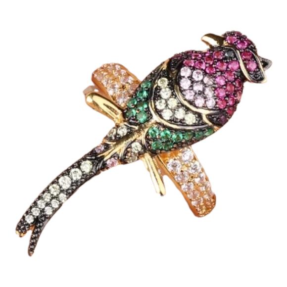 Gold Multi-Color Round Cubic Zirconia Micro-Pavé Set Perched Parrot Ring - Picture 2 of 6